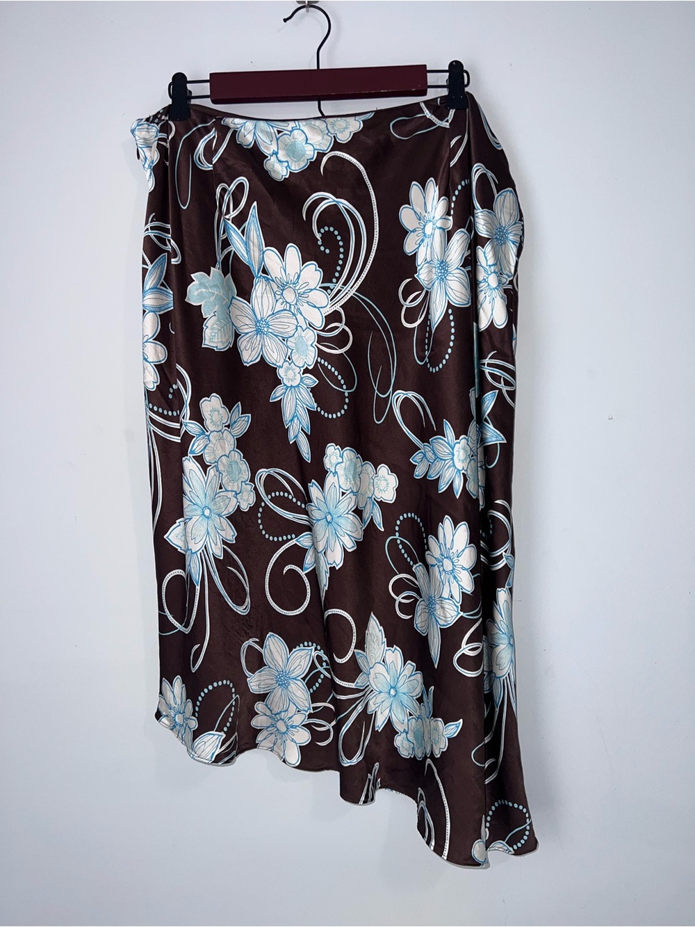 Apostrophe Midi Skirt Silk Asymmetric Floral 90s Y2K Blue Brown Size 18 XL